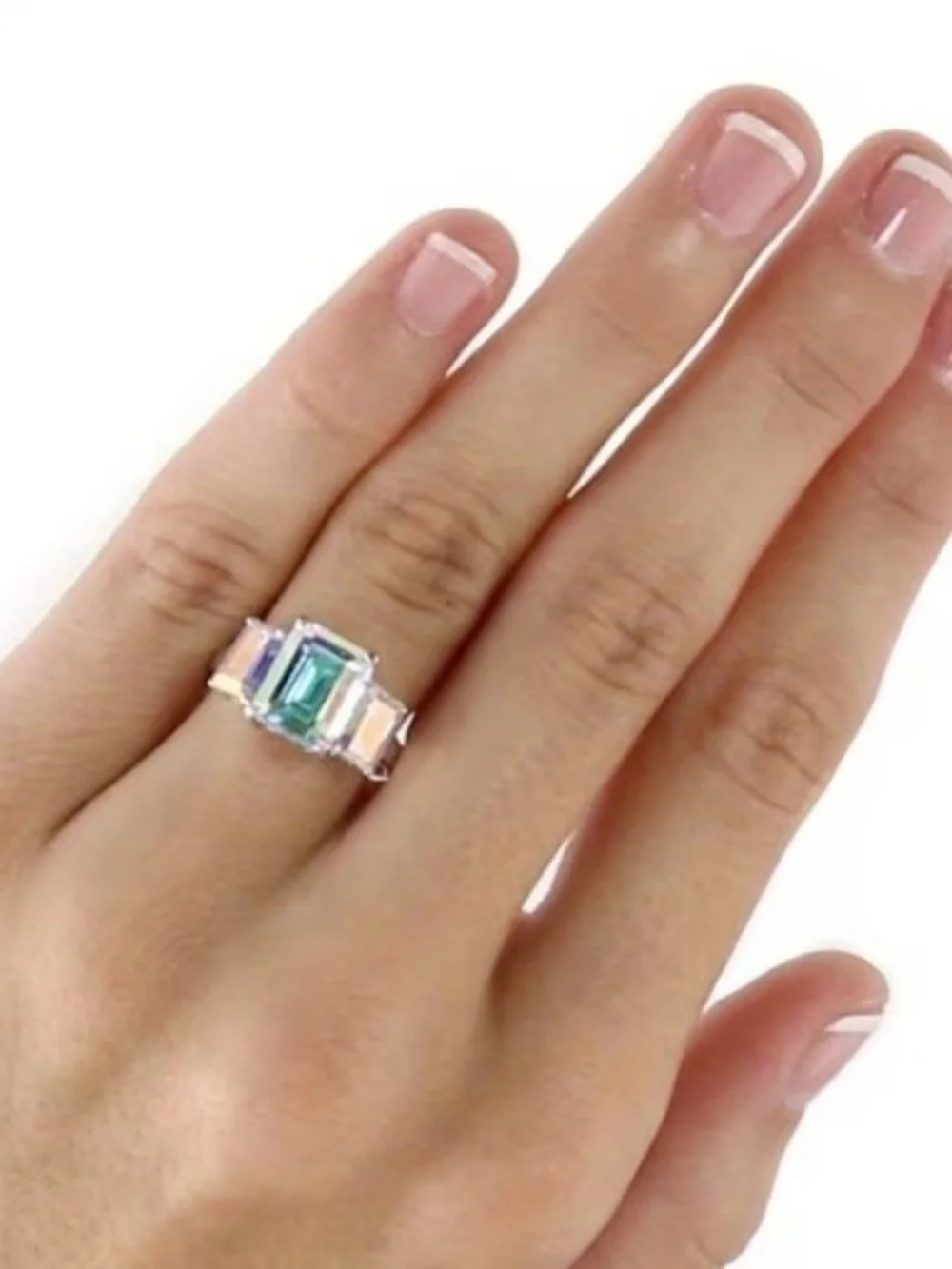 Silver-Setting Aurora Three-Stone Emerald-Cut Ring in Multicolor